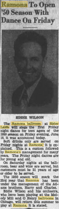 Ramona Ballroom/Dance Pavilion at Sister Lakes - 15 Jun 1950 Article